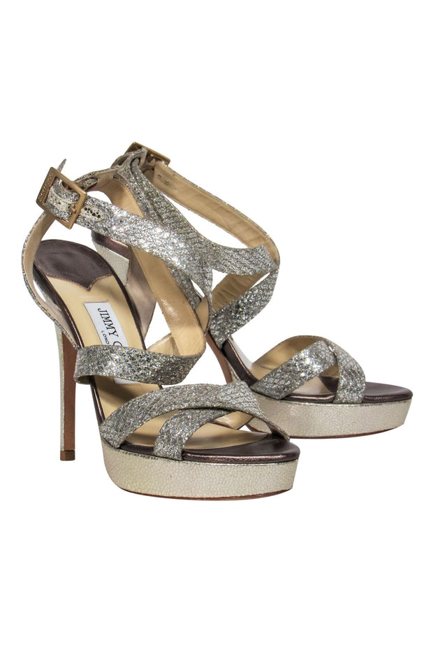 Current Boutique-Jimmy Choo - Silver Glitter Snakeskin Platform Sandals Sz 8