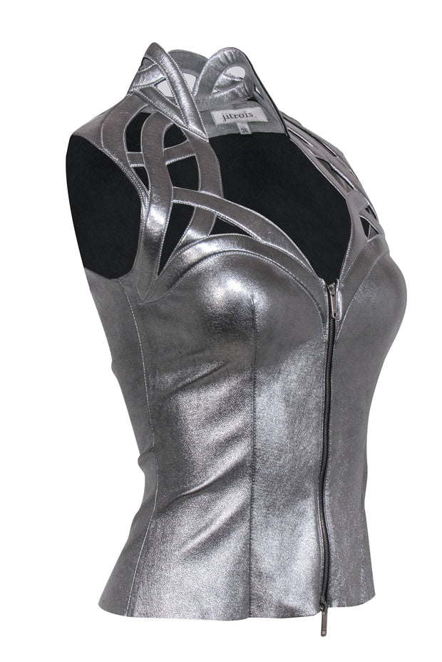 Current Boutique-Jitrois - Silver Zip-Up Sleeveless Bustier Top w/ Laser Cut Trim Sz 2