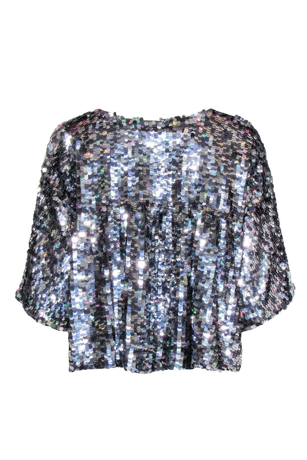 Current Boutique-Jocelyn - Silver Sequin Open Cropped Quarter Sleeve Cardigan Sz M/L