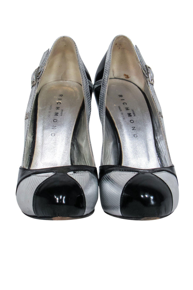 Current Boutique-John Richmond - Metallic Silver & Black Patent Leather Pumps Sz 6.5