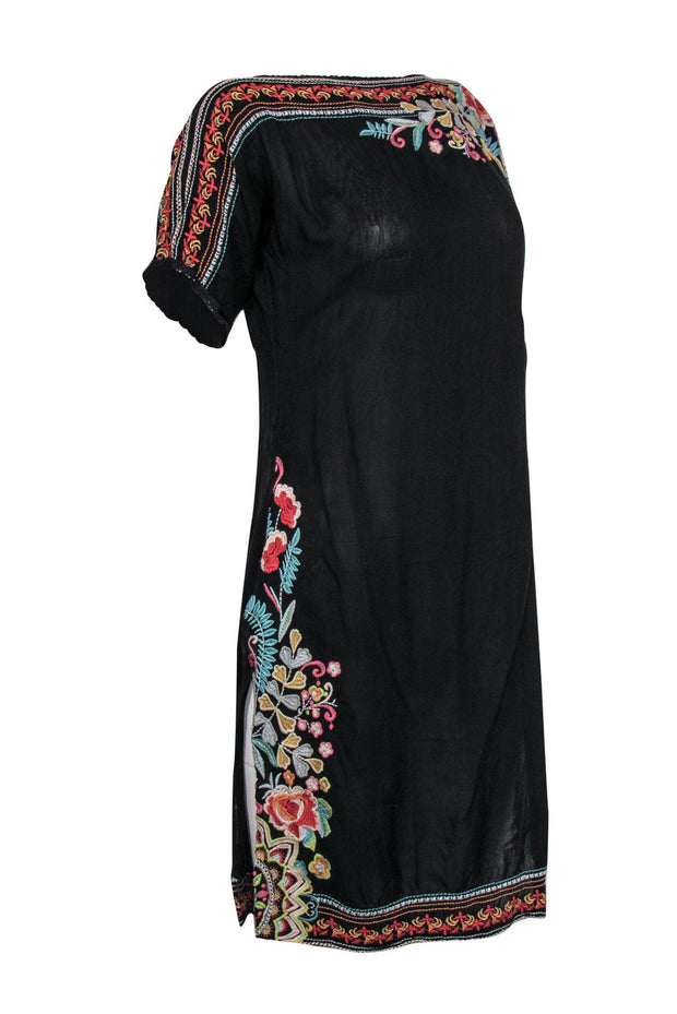 Current Boutique-Johnny Was - Black Embroidery Boat Neck Mini Dress Sz L