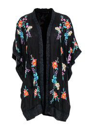 Current Boutique-Johnny Was - Black Floral Embroidered Short Sleeve Open Kimono Sz S