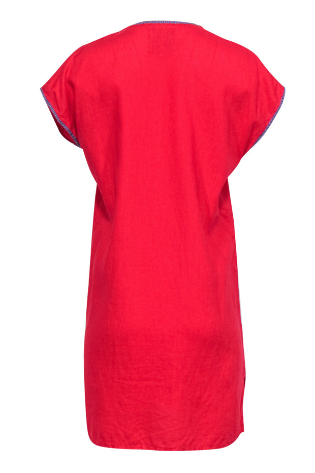 Current Boutique-Johnny Was - Bright Red Tunic-Style Linen Dress w/ Blue Floral Embroidery Sz S