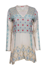 Current Boutique-Johnny Was - Cream, Blue & Red Embroidered Long Sleeve Tunic Top Sz XS