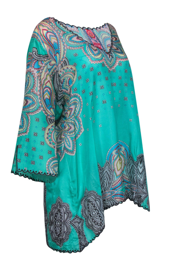 Current Boutique-Johnny Was - Green Bohemian Print Embroidered Silk Tunic Sz XL