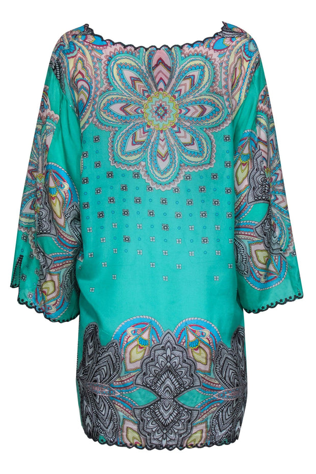 Current Boutique-Johnny Was - Green Bohemian Print Embroidered Silk Tunic Sz XL