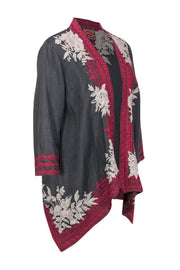 Current Boutique-Johnny Was - Grey, Pink & White Floral Embroidered Long Sleeve Linen Kimono Sz PL