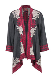 Current Boutique-Johnny Was - Grey, Pink & White Floral Embroidered Long Sleeve Linen Kimono Sz PL