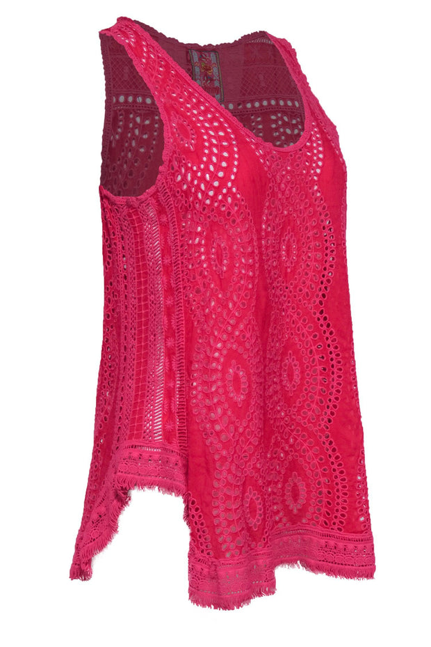 Current Boutique-Johnny Was - Hot Pink Eyelet & Embroidered Tank Sz S