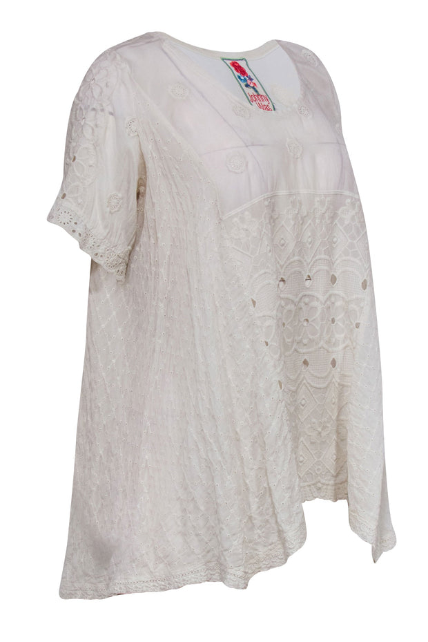 Current Boutique-Johnny Was - Ivory High-Low Eyelet Lace Tunic-Style Top Sz OS