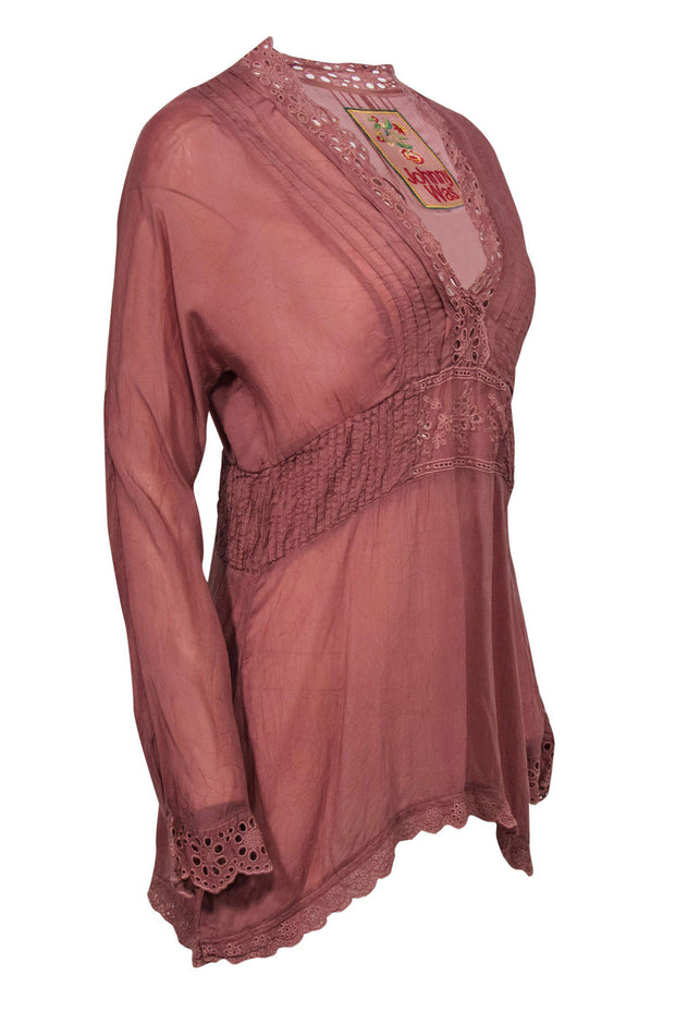 Current Boutique-Johnny Was - Mauve Long Sleeve Tunic Blouse w/ Lace Trim Sz S