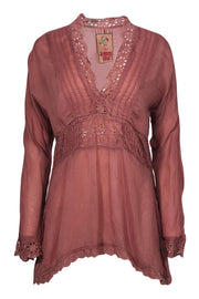 Current Boutique-Johnny Was - Mauve Long Sleeve Tunic Blouse w/ Lace Trim Sz S