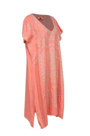 Current Boutique-Johnny Was - Peach Embroidered Linen Caftan w/ Slits Sz 1X