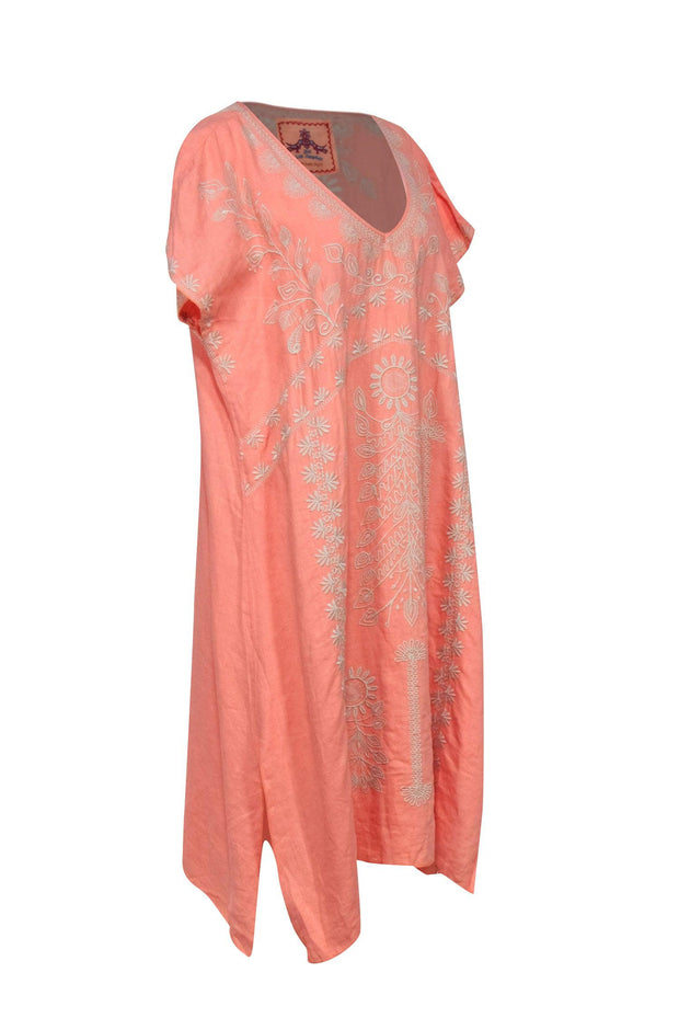 Current Boutique-Johnny Was - Peach Embroidered Linen Caftan w/ Slits Sz 1X