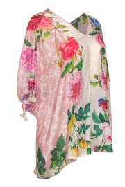 Current Boutique-Johnny Was - Pink Floral Printed Silk Kaftan-Style "Botan" Tunic Blouse Sz XXL