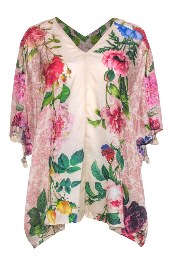 Current Boutique-Johnny Was - Pink Floral Printed Silk Kaftan-Style "Botan" Tunic Blouse Sz XXL