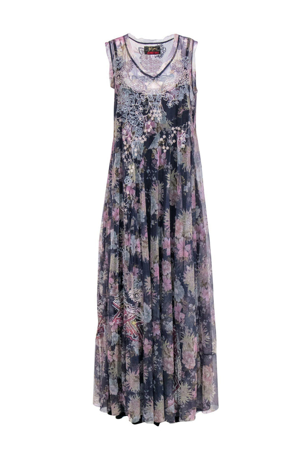 Current Boutique-Johnny Was - Purple Floral Print Embroidered Mesh Maxi Dress Sz M