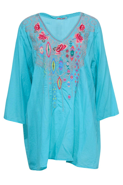 Current Boutique-Johnny Was - Teal Cotton Tunic w/ Pink & Grey Floral Embroidery Sz 2X