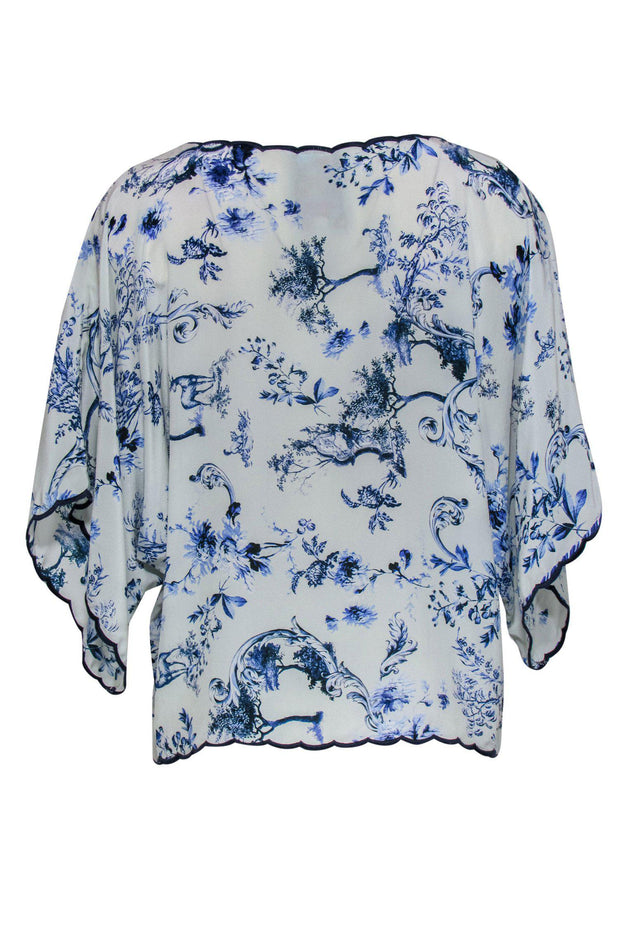 Current Boutique-Johnny Was - White & Blue Silk Embroidered Nature Printed Top Sz M