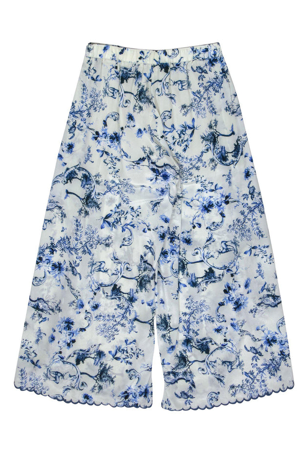 Current Boutique-Johnny Was - White & Blue Silk Wide Leg Nature Printed Pants Sz M