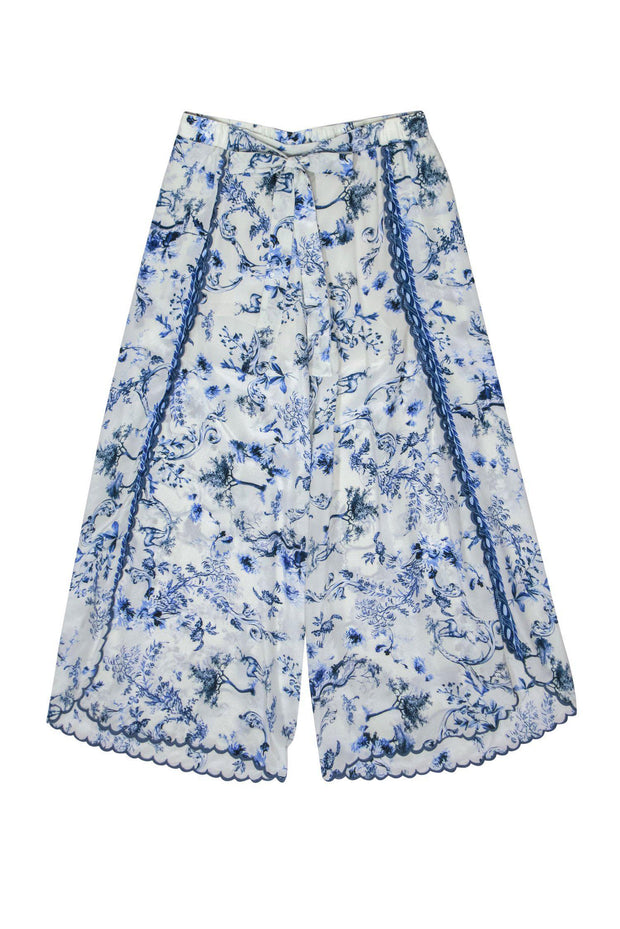 Current Boutique-Johnny Was - White & Blue Silk Wide Leg Nature Printed Pants Sz M