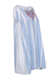 Current Boutique-Johnny Was - White & Blue Striped Sleeveless Shift Dress w/ Floral Embroidery Sz S