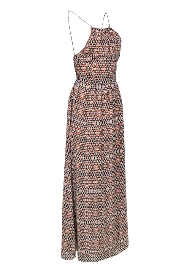 Current Boutique-Joie - Beige, Pink & Black Bohemian Print Silk Maxi Dress w/ Lace-Up Back Sz 2