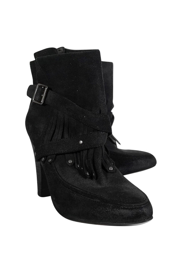 Current Boutique-Joie - Black Nubuck Fringe Booties Sz 9