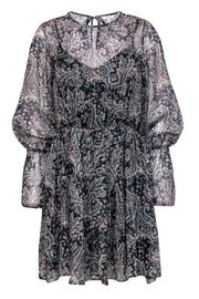 Current Boutique-Joie - Black, Teal & Beige Paisley Print Bell Sleeve Dress w/ Metallic Threading Sz S