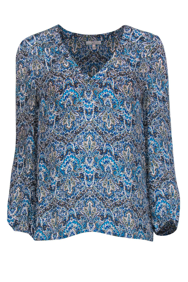 Current Boutique-Joie - Blue & Brown Paisley Printed Silk Blouse Sz M