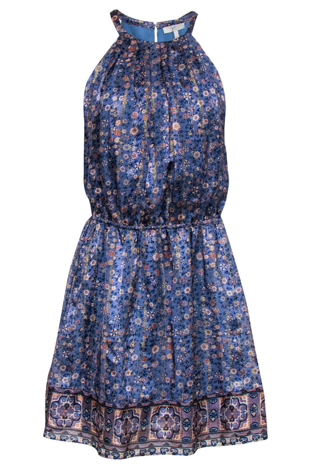 Current Boutique-Joie - Blue, Pink & Grey Floral Print Dress w/ Metallic Gold Detailing Sz XS