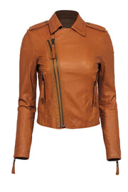 Current Boutique-Joie - Cognac Leather Cropped Moto Jacket w/ Double Zipper Sz XS