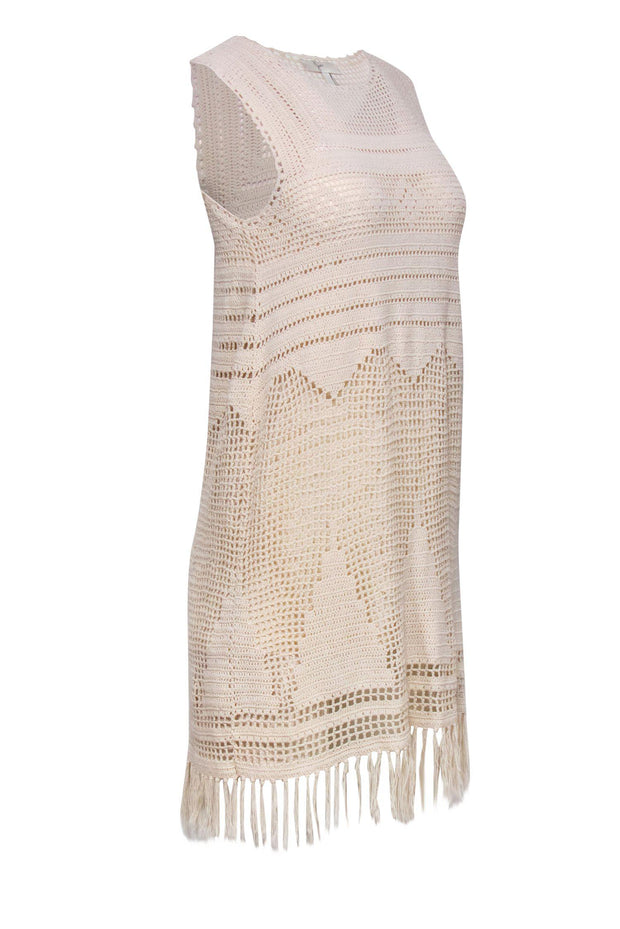 Current Boutique-Joie - Cream Crochet Sleeveless Shift Dress w/ Fringe Trim Sz S