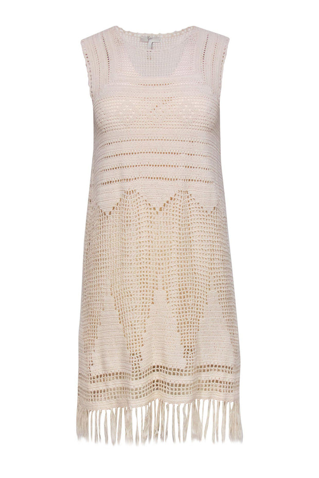 Current Boutique-Joie - Cream Crochet Sleeveless Shift Dress w/ Fringe Trim Sz S