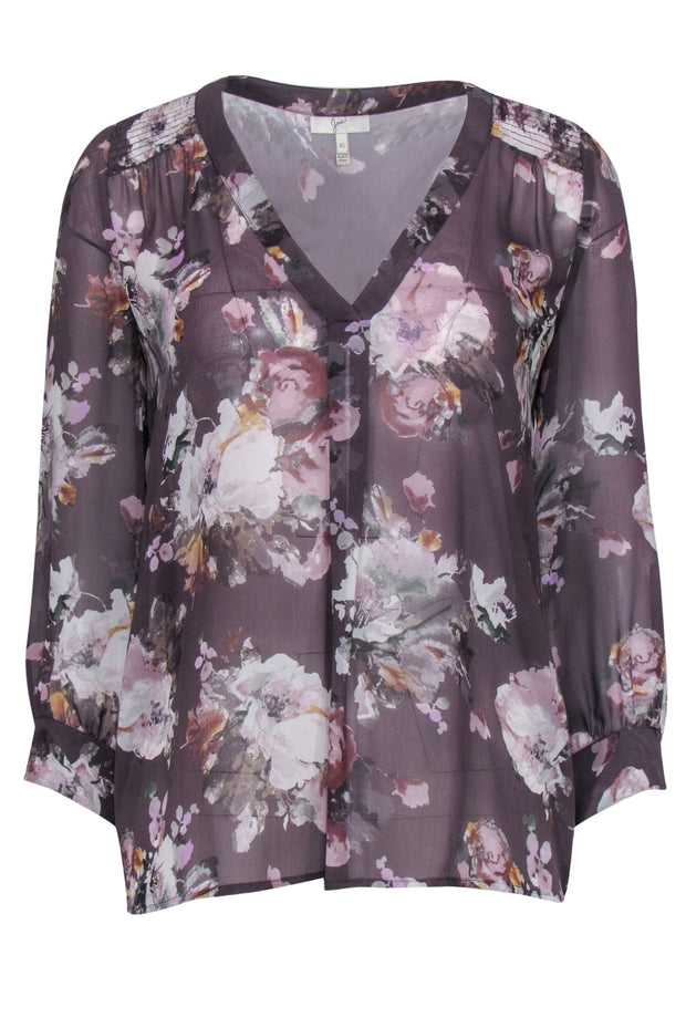 Current Boutique-Joie - Gray Sheer Floral Silk Blouse Sz XS