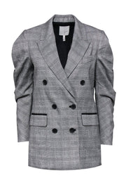 Current Boutique-Joie - Grey Houndstooth Plaid Double Breasted Blazer w/ Ruched Sleeves Sz 0