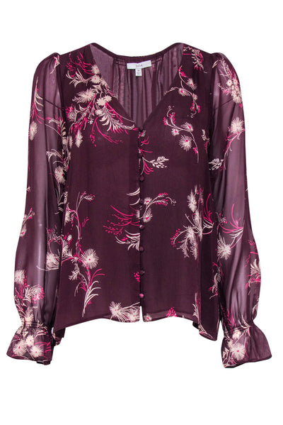 Current Boutique-Joie - Maroon & Purple Floral Print Silk Blouse Sz M