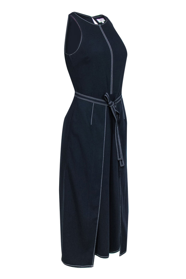 Current Boutique-Joie - Navy Cropped Wide Leg Draped Jumpsuit w/ Tie & White Stitching Sz 2