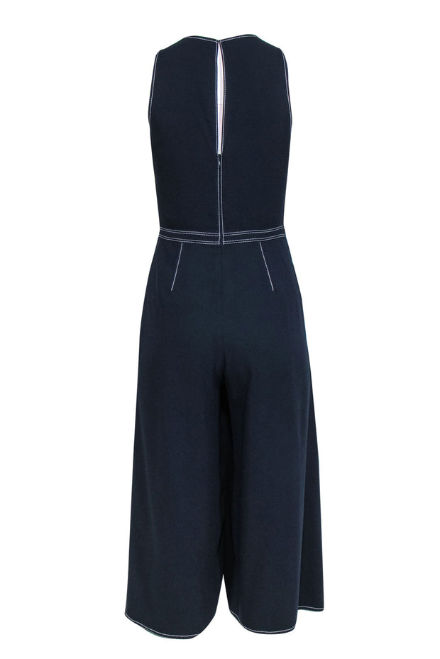 Current Boutique-Joie - Navy Cropped Wide Leg Draped Jumpsuit w/ Tie & White Stitching Sz 2