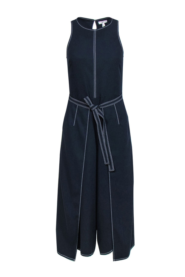 Current Boutique-Joie - Navy Cropped Wide Leg Draped Jumpsuit w/ Tie & White Stitching Sz 2