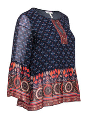 Current Boutique-Joie - Navy, Orange & Beige Bohemian Print Bell Sleeve Peplum Silk Blouse Sz XS