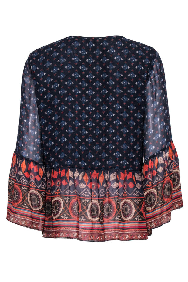 Current Boutique-Joie - Navy, Orange & Beige Bohemian Print Bell Sleeve Peplum Silk Blouse Sz XS