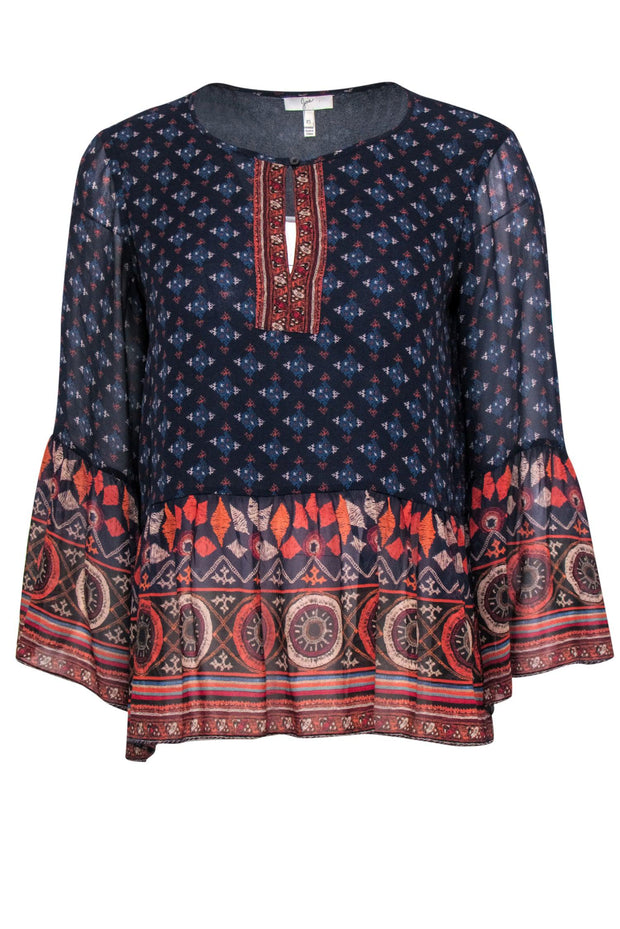 Current Boutique-Joie - Navy, Orange & Beige Bohemian Print Bell Sleeve Peplum Silk Blouse Sz XS