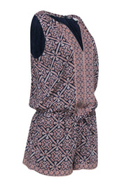 Current Boutique-Joie - Navy & Orange Geometric Print Silk Romper w/ Waist Tie Sz S