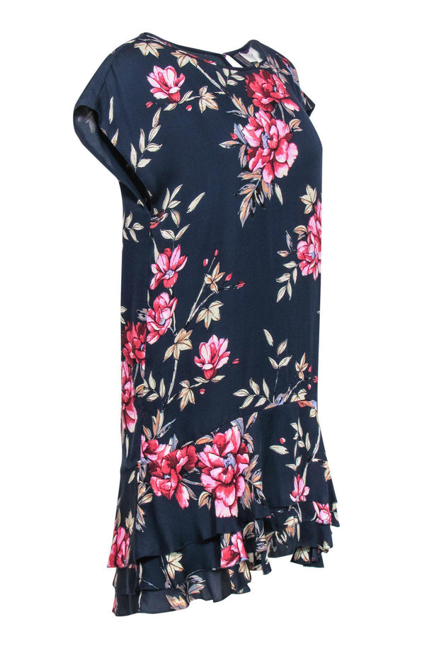 Current Boutique-Joie - Navy & Pink Floral Print Silk Drop Waist Dress Sz S