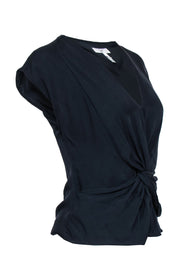 Current Boutique-Joie - Navy Silk Twisted Waist Short Sleeve Blouse Sz XS