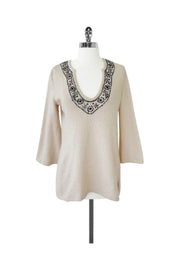 Current Boutique-Joie - Tan Cotton & Cashmere Sweater w/ Embroidered Neckline Sz M