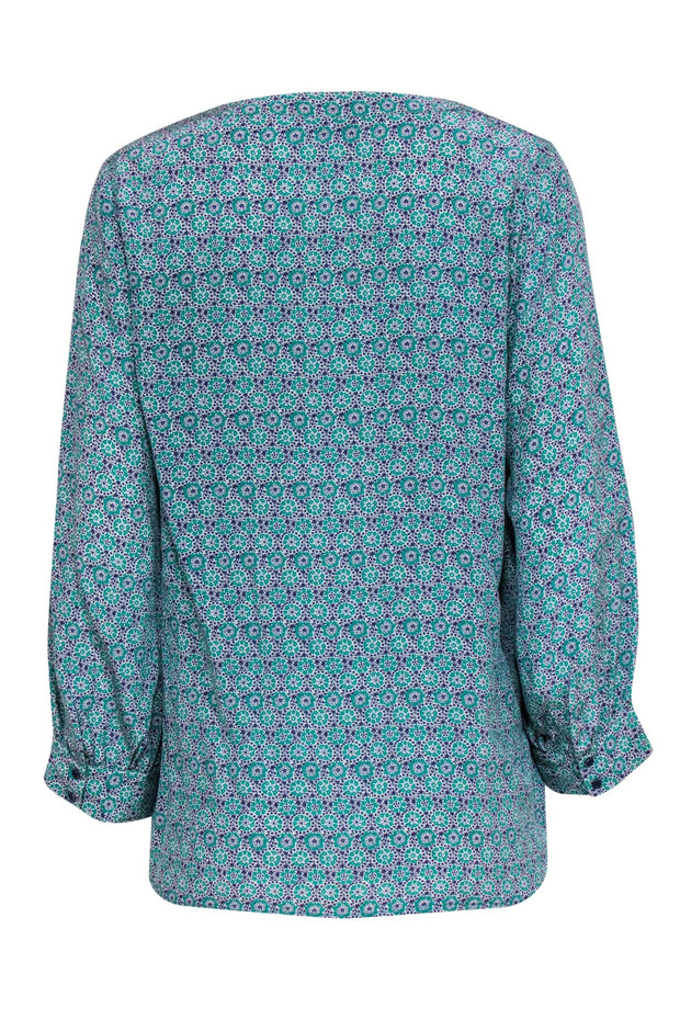 Current Boutique-Joie - Teal & Navy Floral Silk Peasant-Style Blouse Sz L