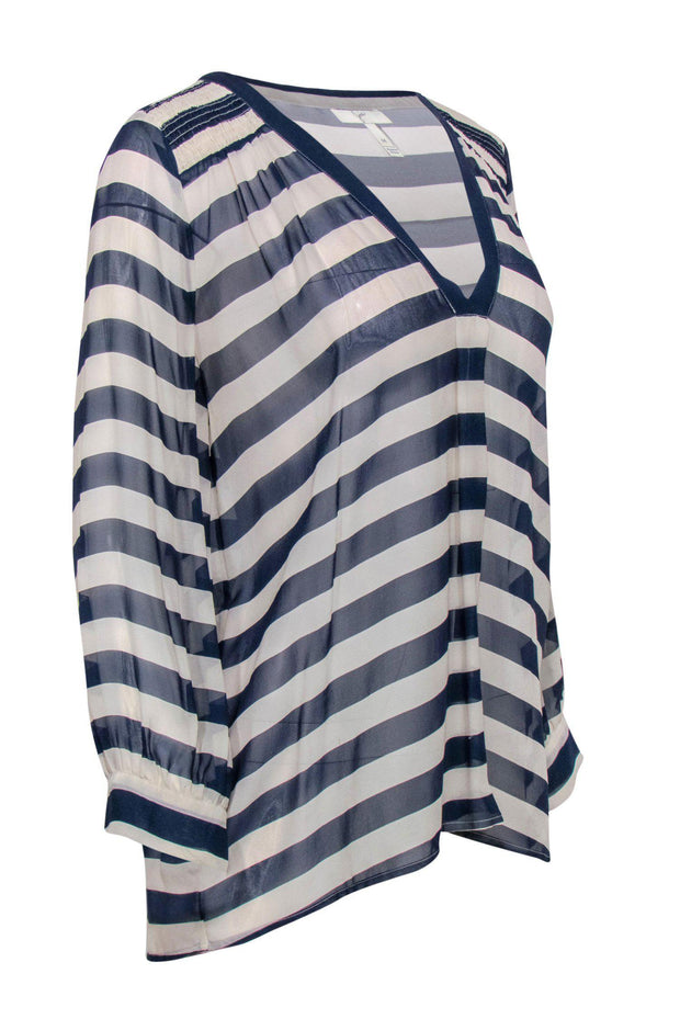 Current Boutique-Joie - White & Blue Striped Sheer Long Sleeve Blouse Sz M