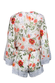 Current Boutique-Joie - White & Multicolored Floral Print Button-Up Silk Romper w/ Paisley Trim Sz S